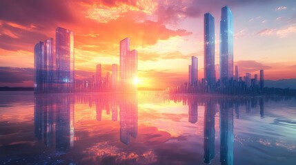 Fototapeta premium A futuristic floating city with soaring glass towers, bathed in the glow of sunset, reflecting and refracting the fading light.