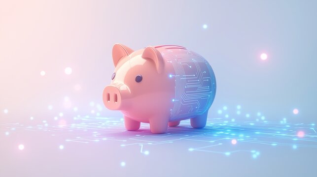 The pink piggy bank is placed on a futuristic circuit board, representing the merging of savings and financial technology