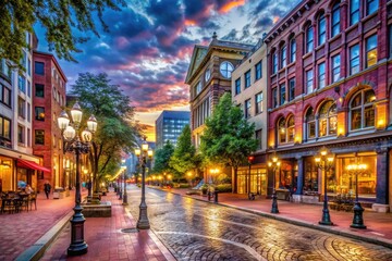 Obraz premium Historic Gastown in Vancouver with cobblestone streets, iconic clock, and vibrant urban atmosphere