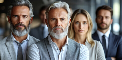 A group of well-dressed business professionals stands together in a contemporary office space, exuding confidence and focus