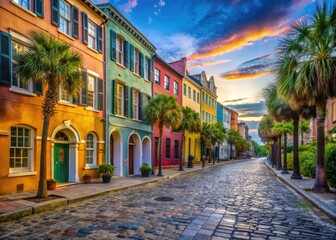Fototapeta premium Historic Market Street in Charleston South Carolina Featuring Colorful Buildings and Cobblestone Pathways