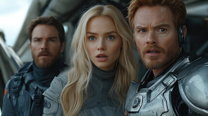 Fototapeta premium Three well-equipped individuals display intense expressions, indicating a critical moment during their mission in a high-tech environment