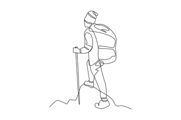 Simple continuous line drawing of a climber hiking at ice mountain. Simple continuous line, simple line.