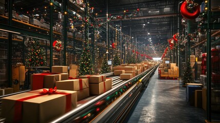 Conveyor Belt with Holiday Gift Boxes in Festive Warehouse Filled with Christmas Decorations