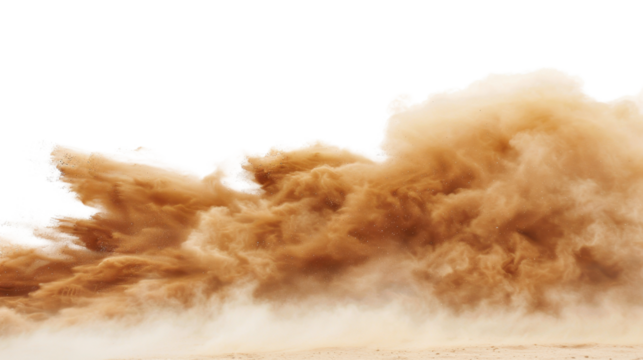 Sandstorm sand dust cloud flying on white background