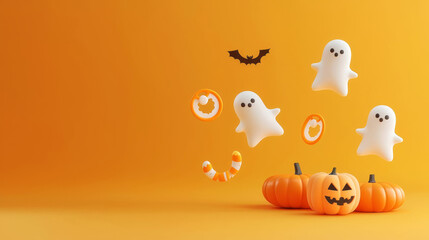 Fototapeta premium Cozy baby shower nursery with floating Halloween ghosts and pacifiers, 3D illustration
