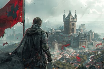 A medieval warrior stands on a rocky cliff, gazing over a vast, fortified city with a backdrop of turbulent skies and banners flying in the wind, perfect for fantasy themes, storytelling