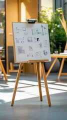 Wooden easel with a white board displaying hand-drawn sketches of furniture designs in an office setting.