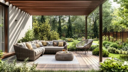 Obraz premium Outdoor patio with a wooden pergola, cozy seating, green garden surroundings, and clear windows creating an inviting atmosphere