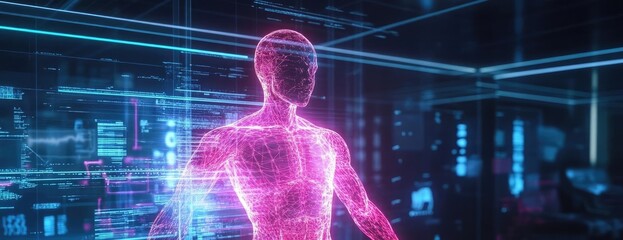 Futuristic digital human model glowing in neon colors, showcasing technology and innovation in a cyber environment.