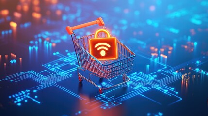 Small shopping cart with a glowing padlock icon rests on a circuit board, symbolizing safe and secure online shopping