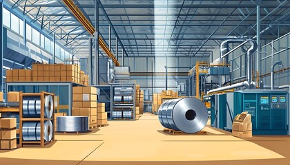 Fototapeta premium Industrial Warehouse Interior with Steel Rolls