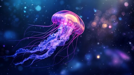 A bioluminescent jellyfish glows vibrantly in the deep sea with a blue and purple gradient.