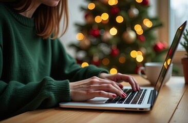 The hands of a young woman working at home on a computer during the Christmas holidays. Working online during the holidays