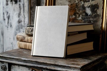 Obraz premium A white book with a textured cover sits on a table next to a stack of books