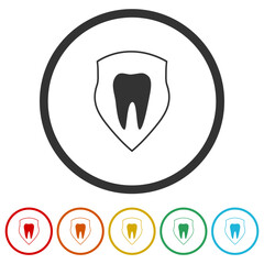  Tooth on shield logo icon. Set icons in color circle buttons