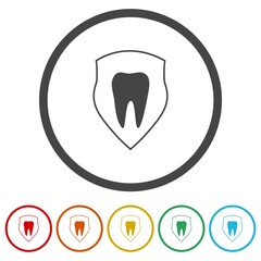  Tooth on shield logo icon. Set icons in color circle buttons