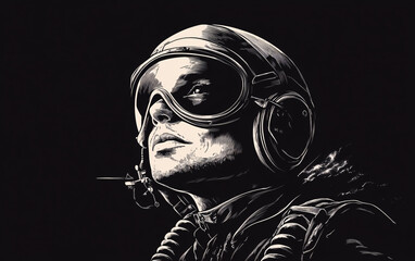 Black and white illustration of a vintage aviator wearing goggles and helmet, featuring dramatic contrast and classic aviation gear in retro military style, ideal for adventure and history themes