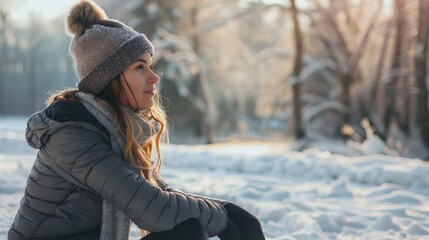 A bundled-up young woman sits in a snowy park, facing right. She wears grey attire and blends into the tranquil winter landscape with snow-covered trees.