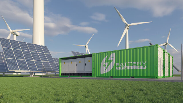 Solar farm and windmills, renewable battery storage. Realistic 3d render.