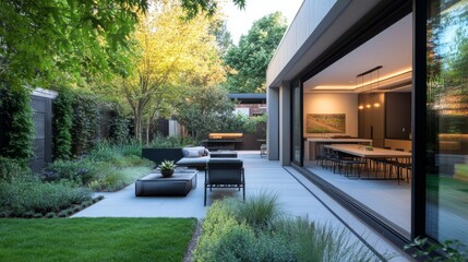 Naklejka premium Sleek minimalist patio garden with contemporary furniture, elegant plant arrangements, and clear windows offering a serene and inviting retreat