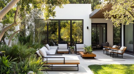 Stylish minimalist patio featuring contemporary furniture, sophisticated plant arrangements, and clear windows for a bright, peaceful garden retreat