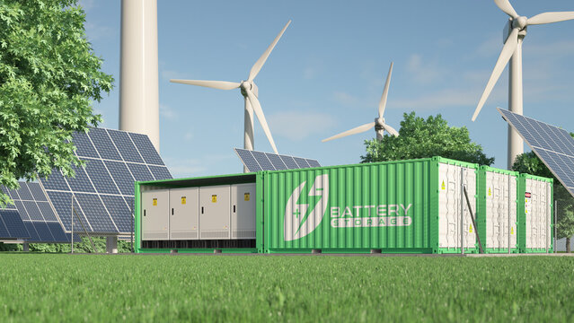 Renewable energy from wind turbines and solar panels stored in batteries. Realistic 3d render.