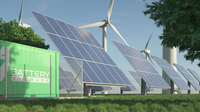 Solar farm and windmills, renewable energy storage. Realistic 3d render.
