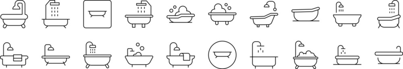 Bathtub Related Icon Set. Editable Stroke. Suitable for Web Sites, Books, Cards, Apps