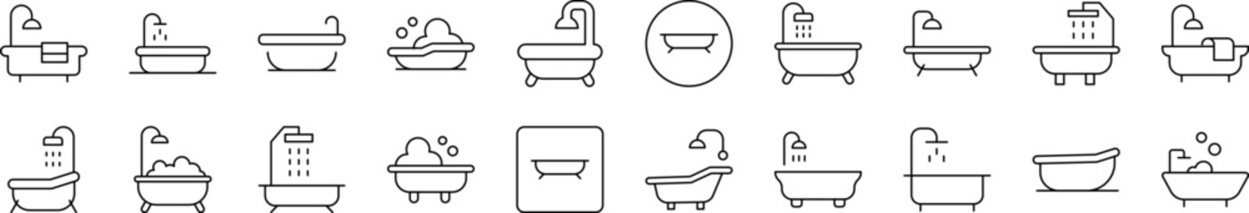 Bathtub Icon Set for UI, Placards, Books, Apps. Editable Stroke. Suitable for Web Sites, Books, Cards, Apps