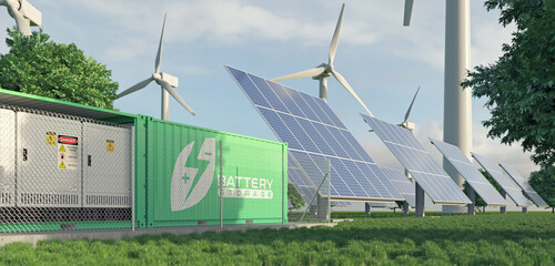 Renewable energy from wind turbines and solar panels stored in batteries. Realistic 3d render.