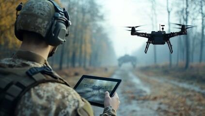 Fototapeta premium AI-Controlled Military Drone in Action with Soldier in Foggy Forest