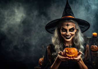 nice pretty witch, Halloween trick or treat concept with witch's pointed hat and magic pumpkins