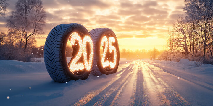 Bright glowing tire numbers 2025 on a snow-covered road at dawn, symbolizing the arrival of the new year and end of 2024 year