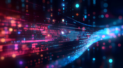 Abstract 3D Digital Data Flow with Glowing Dots and Lines in Blue and Red