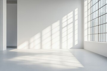 Sleek area with light-colored walls for showcasing items, highlighted by sunlight and shadows from open windows, in a streamlined style, modern room idea