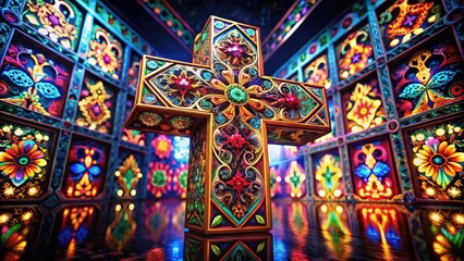 Obraz premium Intricate Cross Design in Shiny Metal with Elegant Patterns and Reflections on Dark Background