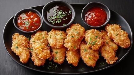 Fototapeta premium Golden crispy chicken nuggets artfully arranged with three assorted dipping sauces, offering a delightful combination of flavor and texture on a sleek platter.