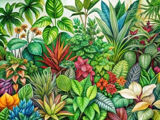 Obraz premium Intricate Hand-Drawn Sketch of Various Plants and Foliage Illustrating Nature's Beauty and Diversity