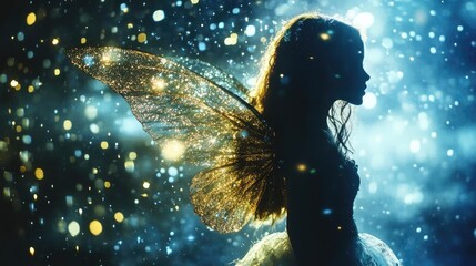 A mystical fairy silhouette amidst sparkling lights and ethereal atmosphere, capturing the essence of enchantment and wonder.