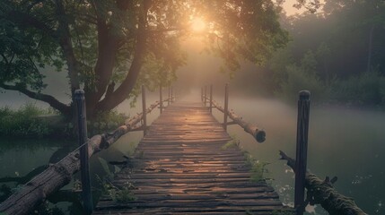 An old wooden pier in a misty setting by a body of water, with signs of age and wear. Serene atmosphere with sunlight beams, surrounded by lush greenery.