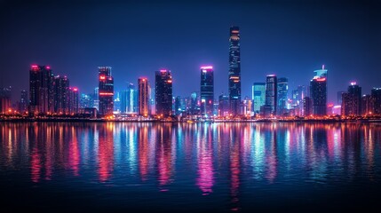 A vivid city skyline illuminated at night, mirrored beautifully on the water, showcasing architectural marvels and vibrant colors, conveying urban energy and allure.