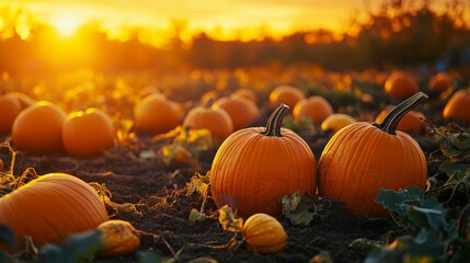 A picturesque field of pumpkins bathed in the warm hues of a sunset, capturing the essence of autumn's vibrant colors and seasonal harvest.