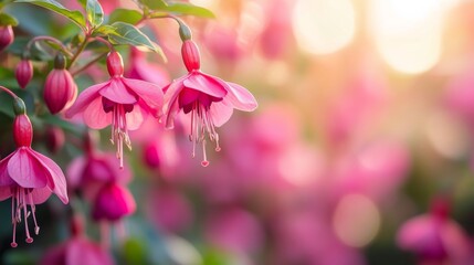 Beautiful pink fuchsia flowers hanging gracefully with soft sunlight filtering through, creating a dreamy and serene atmosphere, ideal for nature and garden lovers.