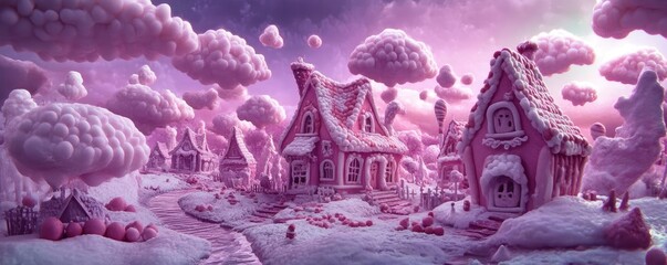 Fototapeta premium A whimsical landscape with colorful houses and fluffy clouds, evoking a dreamlike atmosphere of joy and fantasy.