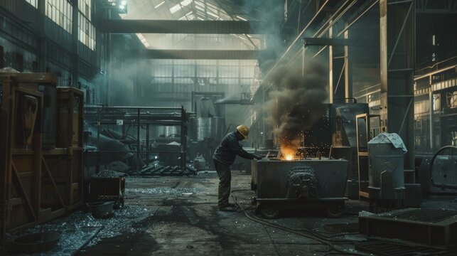 Worker in blue jumpsuit and yellow helmet using blowtorch in industrial setting, surrounded by machinery, metal bars, and smoke.