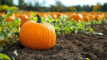 A vibrant pumpkin patch sprawls across a field, ready for the autumn harvest season, evoking a sense of warmth, nostalgia, and anticipation for fall festivities.