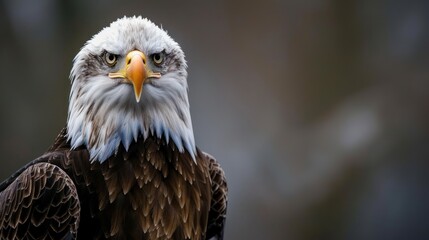 Obraz premium A detailed close-up of the Bald Eagle, America's national bird, perched majestically with its sharp eyes and powerful stance