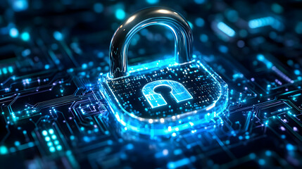 3D Illustration of a Metallic Padlock with a Blue Glowing Keyhole on a Circuit Board Background, Symbolizing Cyber Security and Data Protection