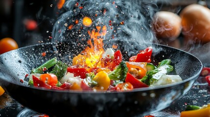 A wok filled with vibrant and fresh vegetables being skillfully stir-fried over high heat, delivering a tantalizing blend of flavors, colors, and textures.